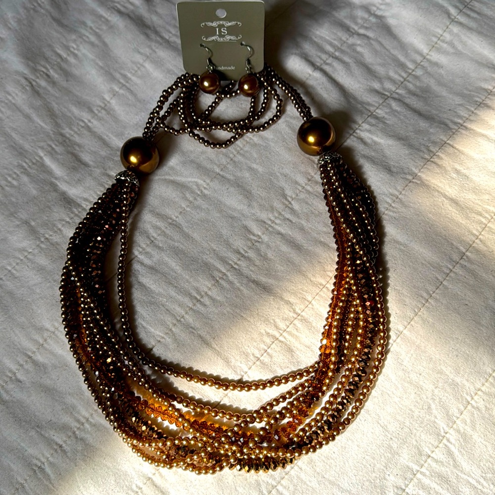 Women’s Cocktail Necklace Gold Brown Multi Strand Long Set